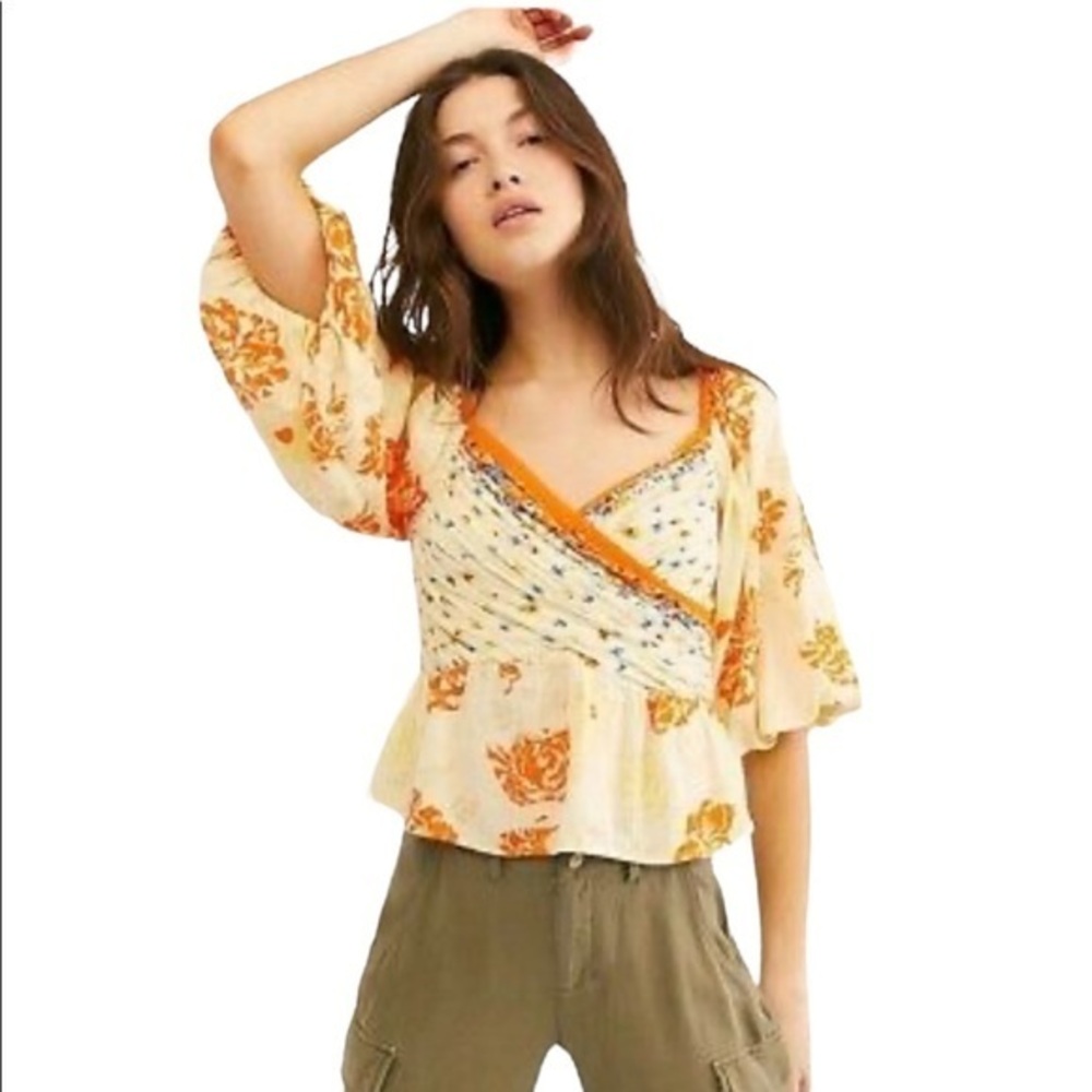 Free People Mirabella Floral Wrap Smocked Blouse Sz S